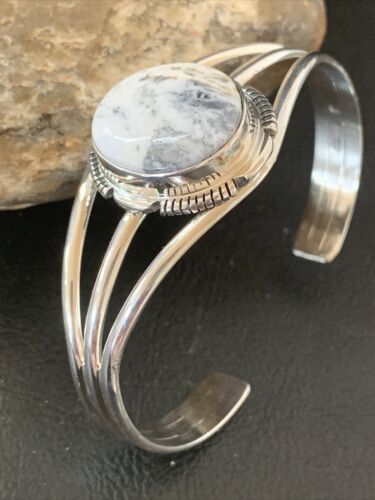 Navajo White Buffalo Turquoise Cuff Bracelet | Sterling Silver | Authentic Native American Handmade | 1390