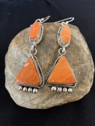 Navajo Orange Spiny Oyster Dangle Earrings | Sterling Silver | Authentic Native American Handmade | 199