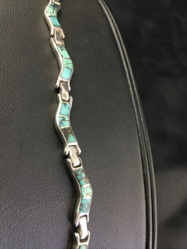 Native American Women's Sterling Silver Turquoise Inlay Link Bracelet | 6.75" | 2031