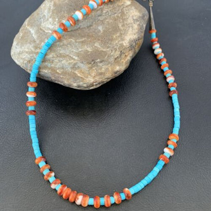 Navajo Sterling Silver Spiny Oyster Turquoise Necklace | 16" | Authentic Native American Handmade | 10692 - Masha USA