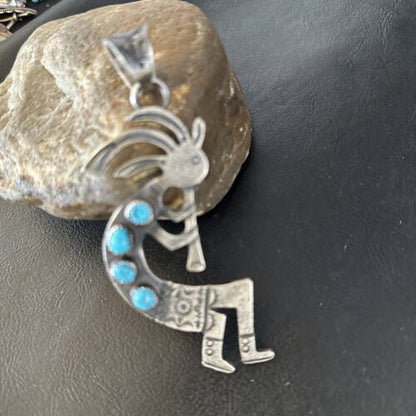 Navajo Kingman Turquoise Tufa Cast Kokopelli Pendant | Authentic Native American Sterling Silver | Multi-Stone | 14230