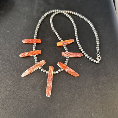 Native American Navajo Spiny Oyster Stick Bead Necklace | Sterling Silver | 20" | 14327