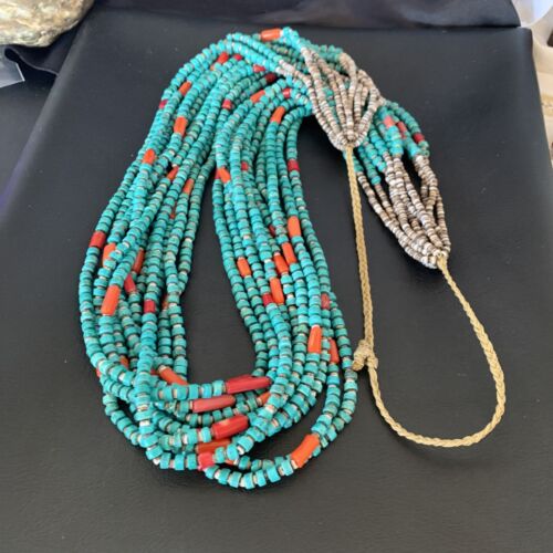 Southwestern Santo Domingo Coral Spiny Blue Turquoise Necklace | 38" | Authentic Native American Handmade | 12050