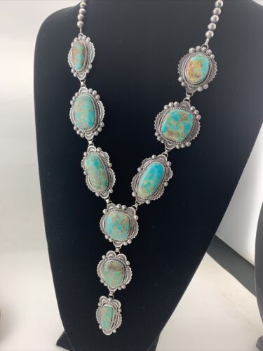 Navajo Sterling Silver Lariat Necklace with Royston Turquoise Squash Pendant | 01546