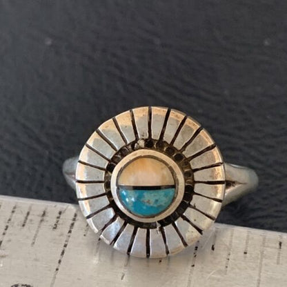 Southwestern Women's Navajo Blue Turquoise Pink Coral Inlay Ring | Sz 7.5 | 11206