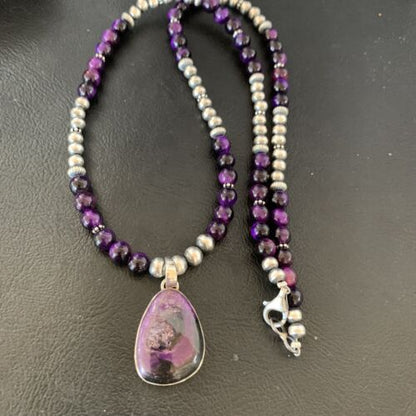 Navajo Pearls Necklace with Purple Sugilite and Onyx Pendant | Sterling Silver | 13394