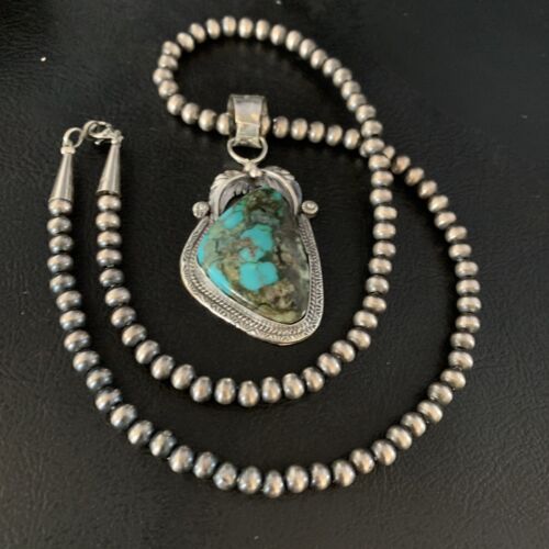 Navajo Spiderweb Turquoise Pendant Necklace | 2.25" | Sterling Silver | Authentic Native American Handmade | 13979