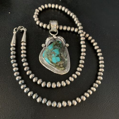 Navajo Spiderweb Turquoise Pendant Necklace | 2.25" | Sterling Silver | Authentic Native American Handmade | 13979