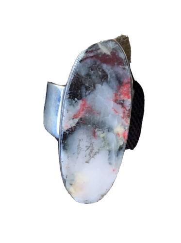 Southwestern Navajo Cinnabrite Ring | White Black | Sterling Silver | Sz 7.5 | 1562