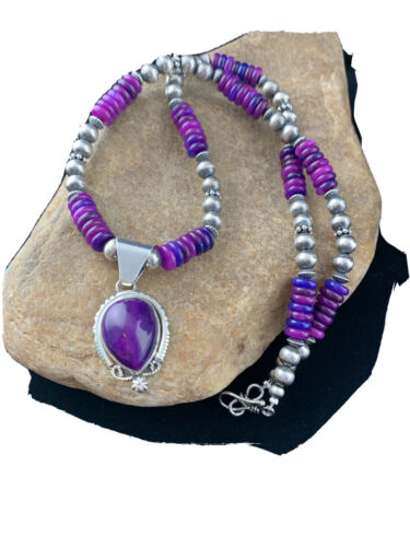 Women's Navajo Necklace with Purple Sugilite Pendant | Sterling Silver | Authentic Native American Handmade | 1628