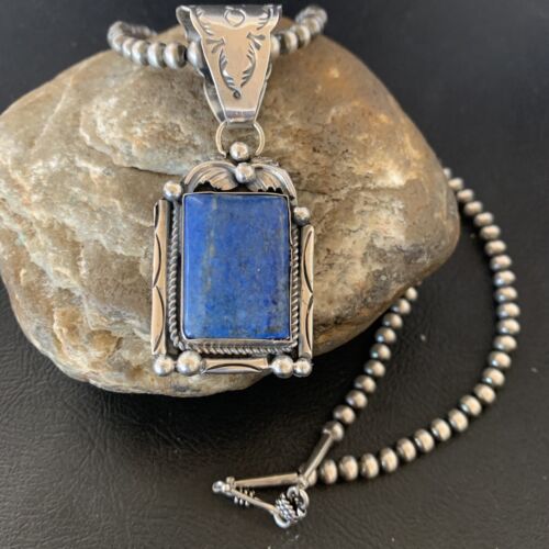 Navajo Denim Lapis Necklace with Pendant | Sterling Silver Pearls | Authentic Native American Handmade | 12438