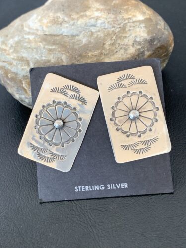 Women's Navajo Sterling Silver Stamped Earrings | 1.5" | Authentic Native American Handmade | 1664