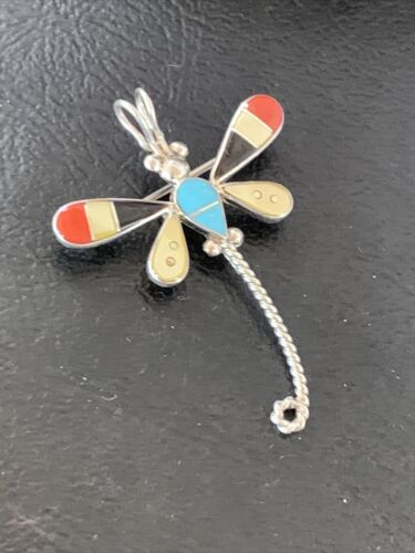 Zuni Turquoise Yellow Mother of Pearl Inlay Dragonfly Necklace Pin Pendant | Sterling Silver | 12323