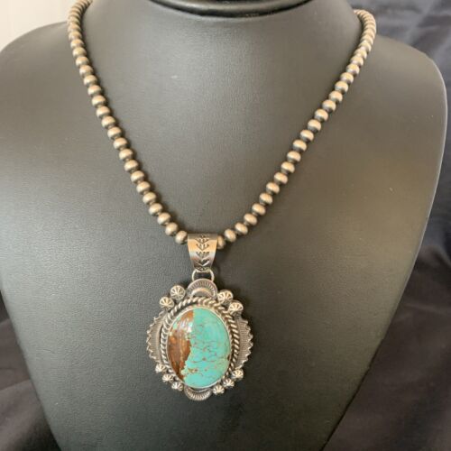 Men's Navajo Pearls Necklace | Sterling Silver | Blue #8 Turquoise Pendant | Authentic Native American Handmade | 10867