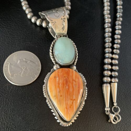 Navajo Dry Creek Turquoise Spiny Necklace Pendant | Sterling Silver | 2.5" | 13581