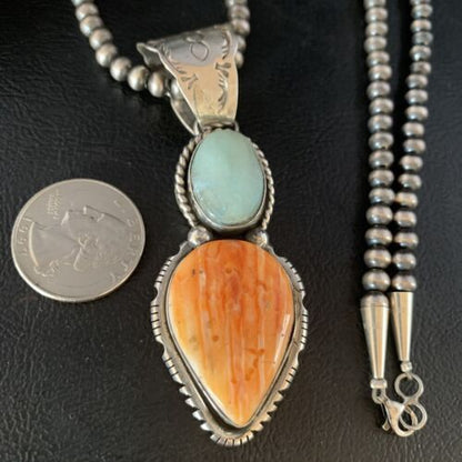 Navajo Dry Creek Turquoise Spiny Necklace Pendant | Sterling Silver | 2.5" | 13581