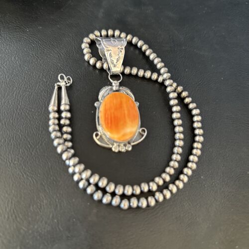 Navajo Pearls Necklace with Orange Spiny Oyster Pendant | Sterling Silver | Authentic Native American Handmade | 14723