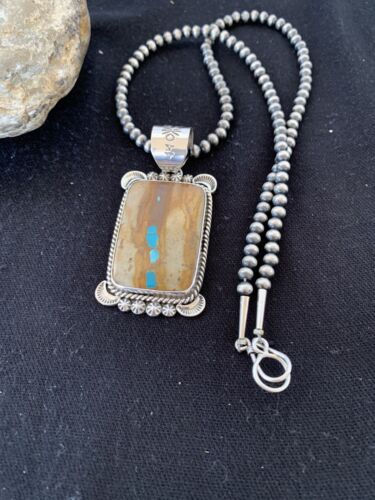 Men's Navajo Pearls Necklace with Boulder Turquoise Pendant | Sterling Silver | Authentic Native American Handmade | 293