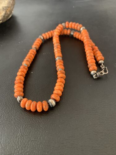 Southwestern Navajo Apple Coral Bead Necklace | Sponge Sterling Silver | Authentic Native American Handmade | 20" | 02043