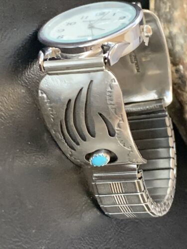 Men's Navajo Bear Paw Watch Tips | Sterling Silver & Blue Turquoise Band | Authentic Native American Jewelry | 11575