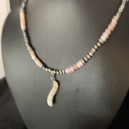 Navajo Pink Opal Beads Necklace Multi-Stone Mother of Pearl Inlay Pendant | Sterling Silver | 13458