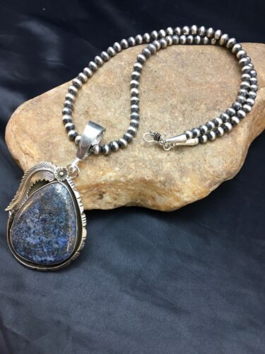 Men's Yazzie Navajo Pearls Lapis Necklace Pendant | Sterling Silver | Authentic Native American Handmade | 1004