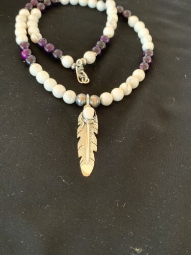 Men's Sugilite Beads Necklace with White Buffalo Pendant | Sterling Silver | Native American Handmade | 2557