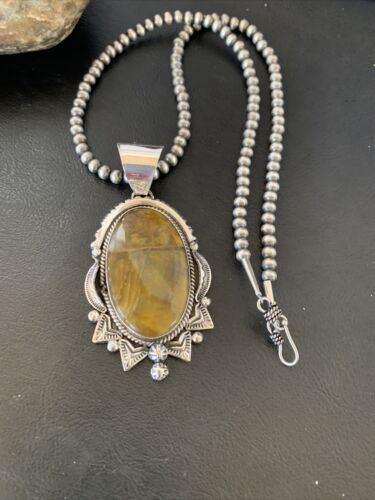 Men's Navajo Pearl Sterling Silver Necklace | Coffee Tiger's Eye Pendant | 11689