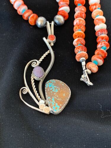 Navajo Blue Turquoise & Spiny Oyster Multi-Stone Necklace Pendant Set | Authentic Native American Sterling Silver | 2846