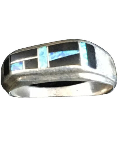 Native American Men's Navajo Opal & Black Onyx Inlay Ring | Sterling Silver | Sz 10 | 1600