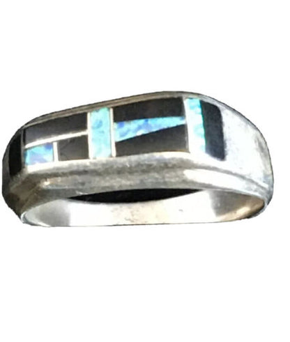 Native American Men's Navajo Opal & Black Onyx Inlay Ring | Sterling Silver | Sz 10 | 1600