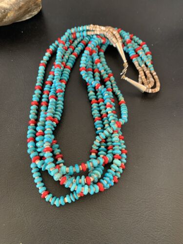 Southwestern Santo Domingo Coral Spiny Blue Turquoise Necklace | 5 Strand | 22" | 12049