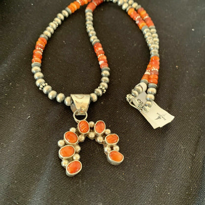 Navajo Pearls Red Spiny Oyster Cluster Naja Pendant Necklace | Sterling Silver | S283