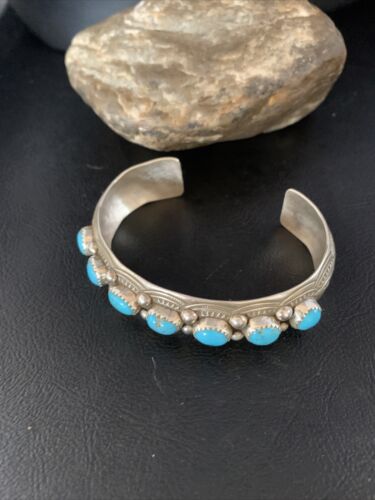 Men's Blue Kingman Turquoise Cuff Bracelet | Sterling Silver | 7 Stone | Authentic Native American Handmade | 14137 - Masha USA
