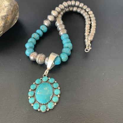 Navajo Blue Turquoise Cluster Pendant Necklace | Sterling Silver | Authentic Native American Handmade | 11884