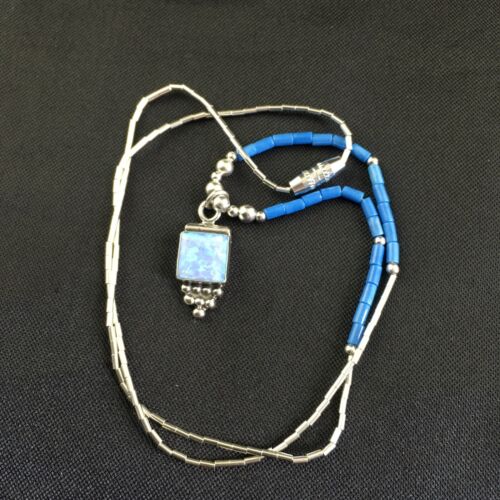 Children's Lapis Beads Sterling Heishi Necklace | Opal Pendant | 15" Chain | 10130