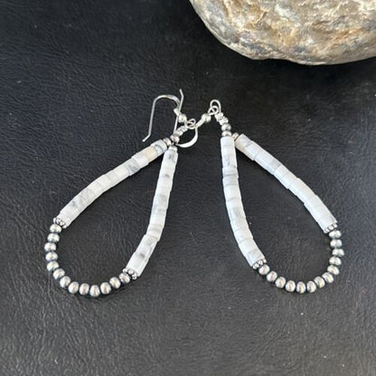 Navajo White Howlite Heishi Dangle Earrings | Sterling Silver | 2" | Authentic Native American Handmade | 14480
