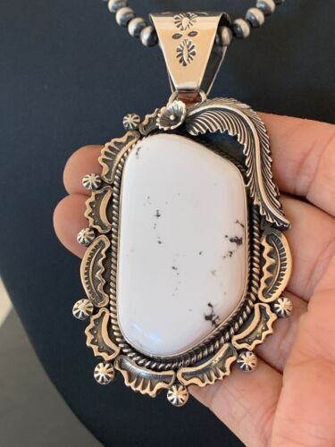 Men's White Buffalo Turquoise Pendant Necklace | Navajo Sterling Silver | 4124
