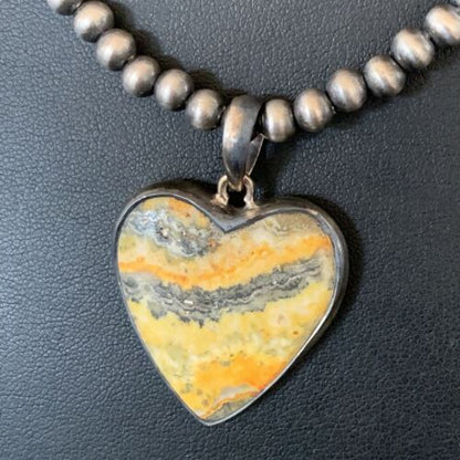 Navajo Heart Yellow Bumblebee Jasper Pendant | Sterling Silver Necklace | Authentic Native American Handmade | 12813