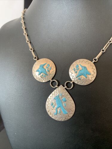 Vintage Zuni Blue Turquoise Necklace Pendant | Sterling Silver | Old Pawn | Native American Handmade | 19" | 1715