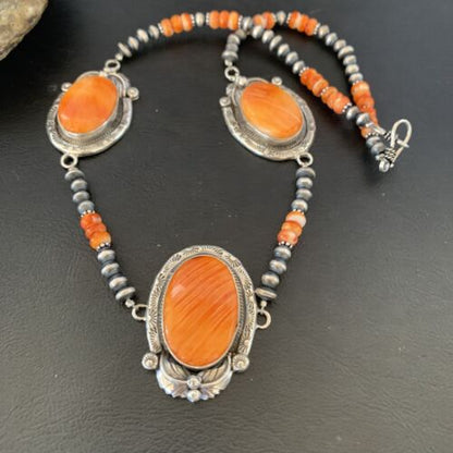 Navajo Pearls Orange Spiny Oyster Necklace Pendant | Sterling Silver | Authentic Native American Handmade | 10818