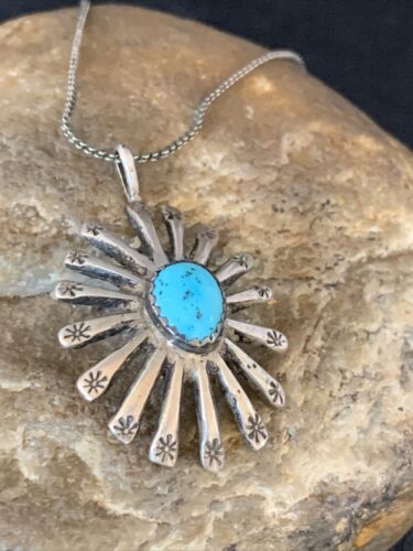 Navajo Kingman Blue Turquoise Pendant | Sterling Silver Heishi Necklace | Authentic Native American Handmade | 13829