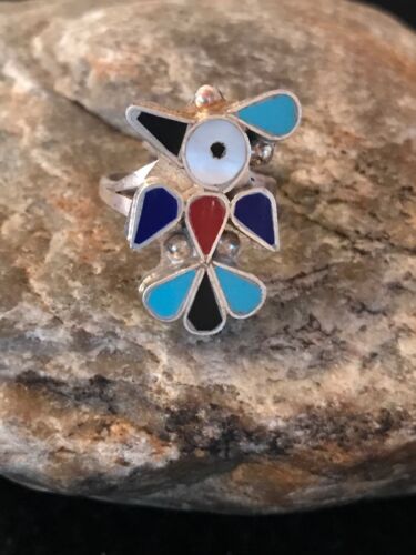 Zuni Peyote Bird Ring | Turquoise Onyx Coral Mother of Pearl Inlay | Sz 6.6 | Sterling Silver | 10792