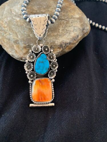 Navajo Kingman Turquoise & Spiny Oyster Pendant Necklace | Sterling Silver | Authentic Native American Handmade | 4575