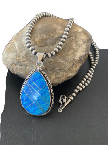 Native American Women's Navajo Blue Faux Opal Pendant | Sterling Silver | 2.30" | 01896