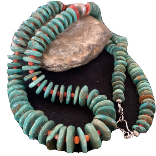 Authentic Native American Navajo Necklace | Sterling Silver | Green Turquoise & Spiny Oyster | 32" | 1670