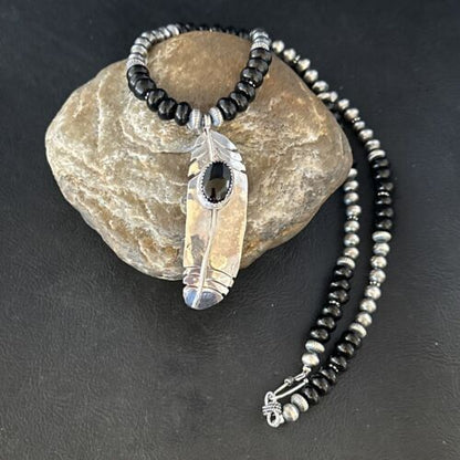 Navajo Pearls Black Onyx Necklace Pendant | Sterling Silver | Authentic Native American Handmade | 14626