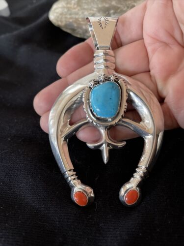 Navajo Sterling Silver Naja Pendant | Turquoise & Spiny Oyster | Authentic Native American Handmade | 1060