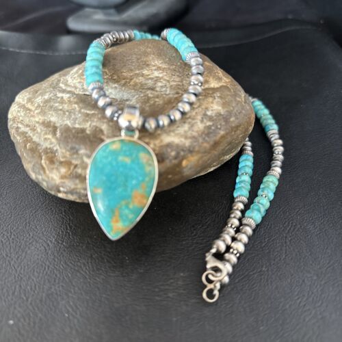 Navajo Blue Turquoise Pendant Necklace | Sterling Silver | Authentic Native American Handmade | 14472