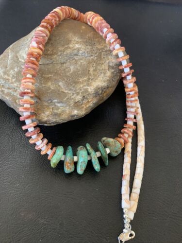 Navajo Turquoise | Purple Spiny Oyster Pink Shell Necklace | Sterling Silver | Native American Handmade | 28" | 12256